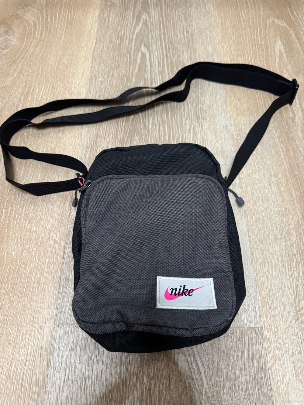 Nike Black and Gray Messenger Bag with Pink Logo Accent
